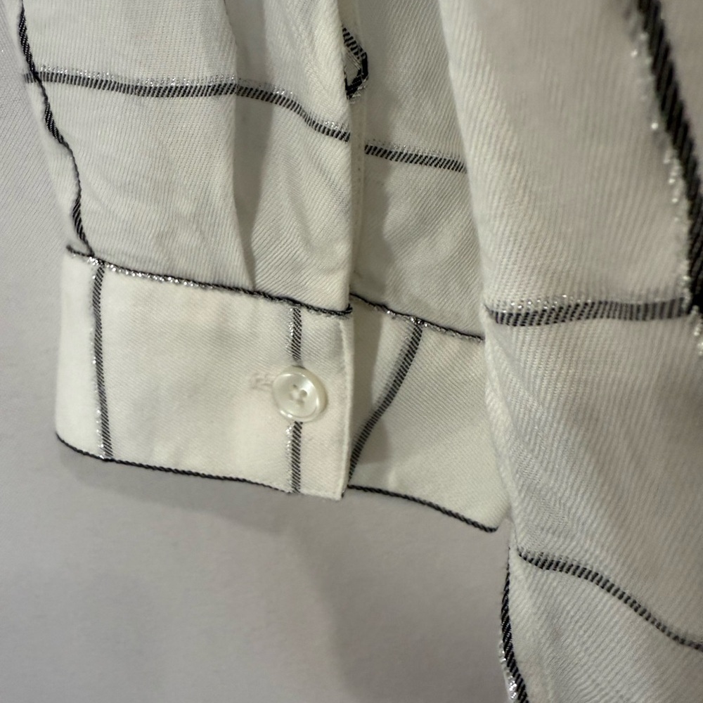 Chico’s Windowpane Plaid Blouse White Black Shimmer Button Front Top Size 1 US 8 - Picture 7 of 10